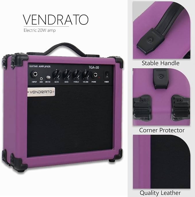 Electric Guitar Amplifier 20W Guitar Amp Purple Color Portable Practice 6.5Inch Speaker Aux Drive Gain Bass Treble Volume Headphone Multi Function Suitable for Beginner Starter in Home Or Outdoor