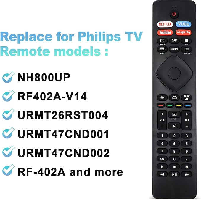 NH800UP RF402A-V14 IR Replacement for All Philips Smart TV Remote Control, Replacement Remote for Philips Android LED LCD 4K Smart TV 43PFL5766 50PFL5604 65PFL5504 65PFL5604 75PFL5704