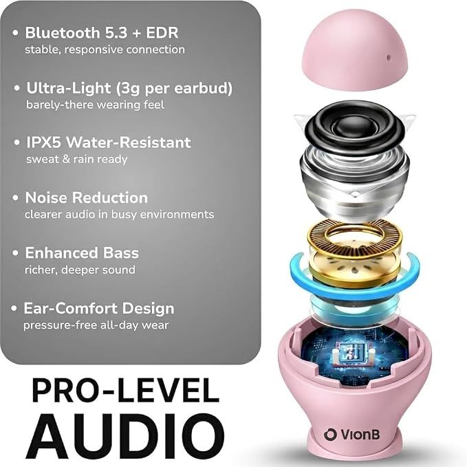 VionB Air Invisible Earbuds Wireless Bluetooth 5.4 for Small Ears, Mini Tiny Ear Buds, IPX5 Waterproof, Sound Isolating Fit, ENC Mic for Clear Calls, Discreet in-Ear Headphones (Rose Quartz)