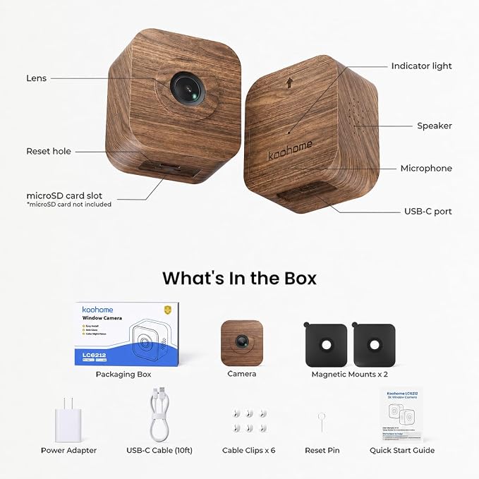 5MP 3K Window Camera for Indoor & Outdoor Home Security, Magnetic Mount, Full-Color Night Vision, 24/7 Recording, Free Cloud Storage, No Subscription, Dual-Band WiFi, AI Human Detection, Walnut Wood