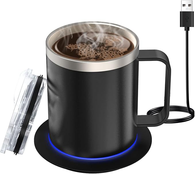 Smart Temperature Control Coffee Mug for Desk,Heated Cup with 10Hrs Auto Shut Off, USB Powered Mug Warmer Set (12oz-Black)