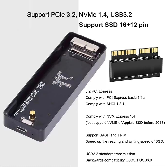External SSD Enclosure USB-C 3.2 for 12+16 Pin MacBook Air/Pro SSDs mid 2013-2017, CNC Hard Drive Case for A1466 A1465 A1502 A1398 SSDs, Portable SSD Reader Box