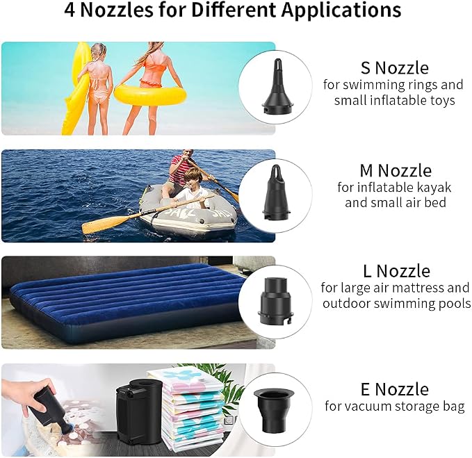 Electric Air Pump, Portable Air Pump for Inflatables, Rechargeable Pumps with Nozzles for Air Mattress,Swimming Rings,Padding Pools