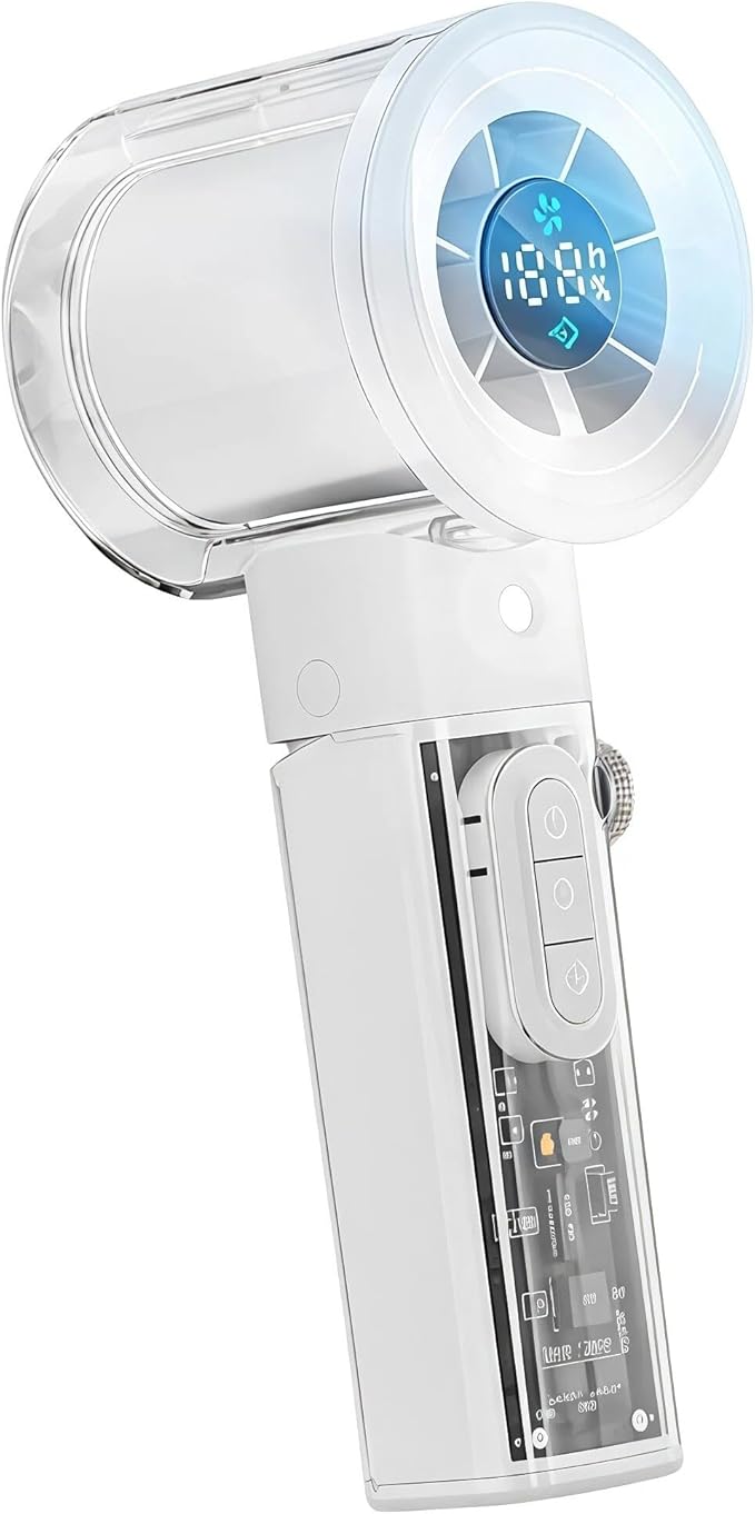 Portable Handheld Misting Fan with 100 Speeds, 3000mAh Rechargeable Battery (17H), Smart LED Display & Flashlight, Personal Mini Cooling Fan for Travel, Disney, Concerts, Makeup (WHITE)