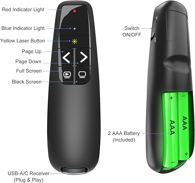 Presentation Clicker with Yellow Laser Pointer for LED LCD Screen: Wireless Presenter Remote for PowerPoint Computer Clickers, Project Clicker for Mac Laptop Office, Slideshow Google Slide Advancer