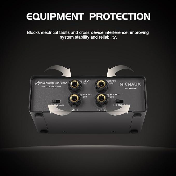 Dual-Channel Audio Signal Isolator with Ground Lift Switch, 3-Level Gain Attenuation (0/-20/-40dB), 600Ω High-Impedance Noise Filter Hum Eliminator for Home Audio, Studio & Live Sound Systems