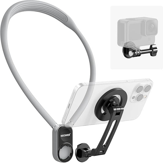 Neewer Magnetic Neck Holder for Action Camera Phone Hands Free Neck Tripod Chest Mount Compatible with GoPro DJI Insta360 iPhone15 Android Neck Phone Holder for POV Vlog, Gray, GP16