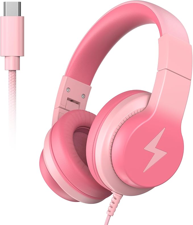 Candy Bila Wired USB C Kids Headphones, 85dB Safe Volume Limit, HD Stereo Sound, Adjustable Headband, Foldable Over-Ear Design for School, Travel, Boys, Girls, iPad, Tablet，Gradient Pink