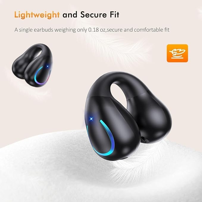 Open Ear Bone Conduction Headphones, Bluetooth Lightweight Clip On Earbuds Comfort with Digital Display Charging Case Sport Earphones Built-in Mic Waterproof for Running Fitness Exercise, Matte Black