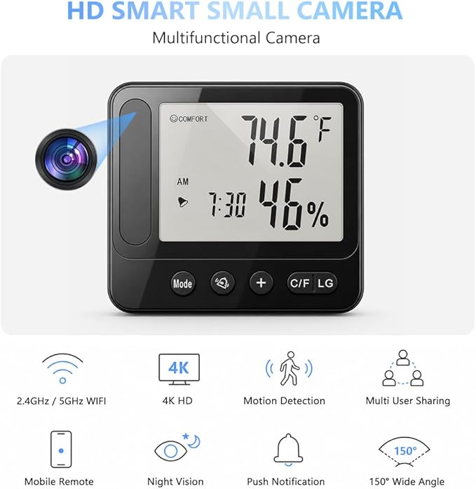 Ultra 4K HD Security Hidden Camera – Wireless Smart Indoor Hygrometer Thermometer with App Remote Control, Motion Detection, Night Vision, Temperature & Humidity Alert and Alarm Clock, Support 2.4G&5G