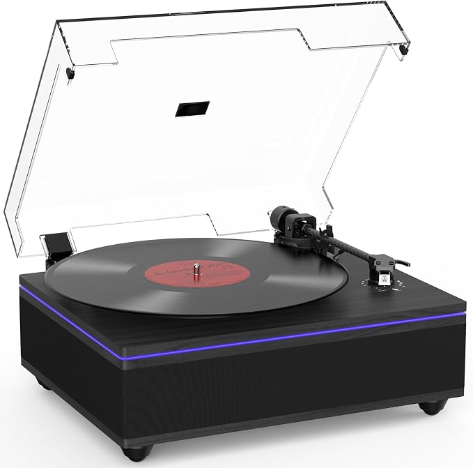 Record Player with Built in Speakers Bluetooth 5.3 Turntable Belt Drive 2-Speed Turntables for Vinyl Records High Fidelity Records Player with Magnetic Cartridge AT-3600L, Cool Light Strip, Black