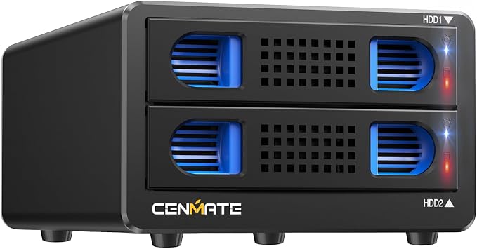 CENMATE Aluminum 2 Bay Hard Drive RAID Enclosure with Cooling Fan for 2.5“/3.5" SATA HDD/SSD with USB A/C 3.0, Tool-Free HDD Enclosure, 4 Modes