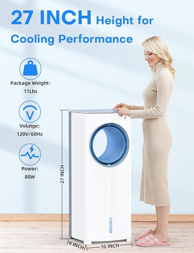 27 INCH Evaporative Air Cooler, Windowless Swamp Cooler Portable Air Conditioners w/Normal/Natural/Sleep/Cooling Mode,3 Speeds,Double Tanks& Remote & Smart Timer, Bladeless Air Cooler for Room