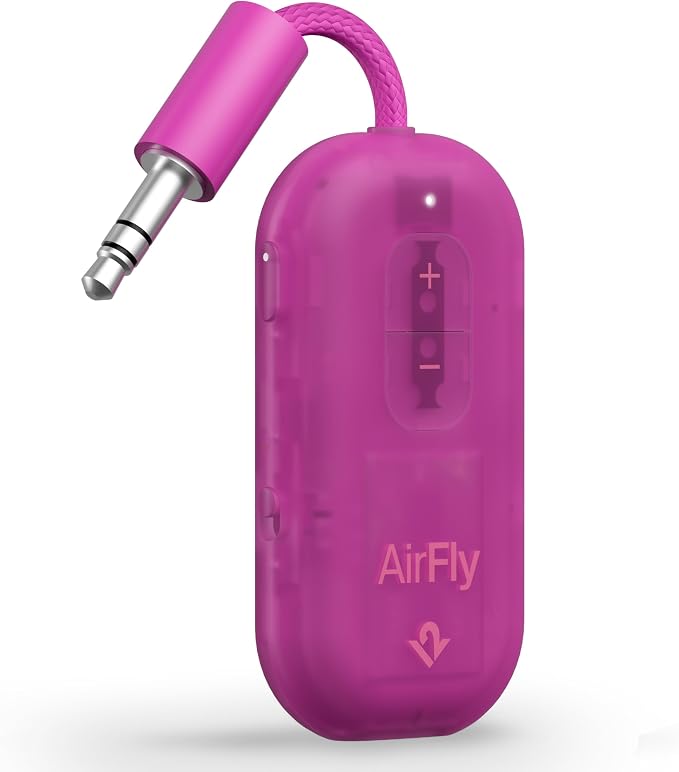 AirFly Pro 2 – Bluetooth Adapter for Airplane, Pair 2 AirPods or Wireless Headphones – 3.5mm AUX Bluetooth Transmitter for Cars, Boats, Treadmills, TVs– Airplane Travel Essentials, Fuchsia Ice