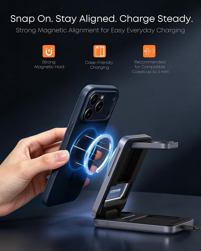 Qi2.2 25W 3-in-1 Foldable Magnetic Wireless Charger for iPhone, Night Light | Compatible with iPhone 17/16/15/14/13/12, Apple Watch & AirPods, 45W Adapter + 5A Cable, Case-Friendly up to 3 mm