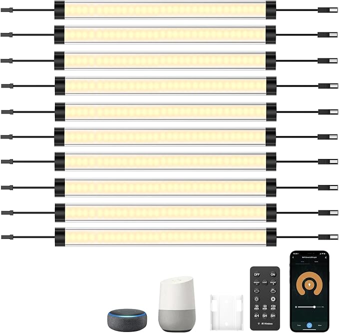 LABOREDUCER Under Cabinet Lights Plug in 10 Pack,11inch Ultra Thin LED Dimmable Closet Lights with Remote and Alexa Google APP,Under Counter Light for Kitchen,Cabinet,Workbench (10Pack Warm White)