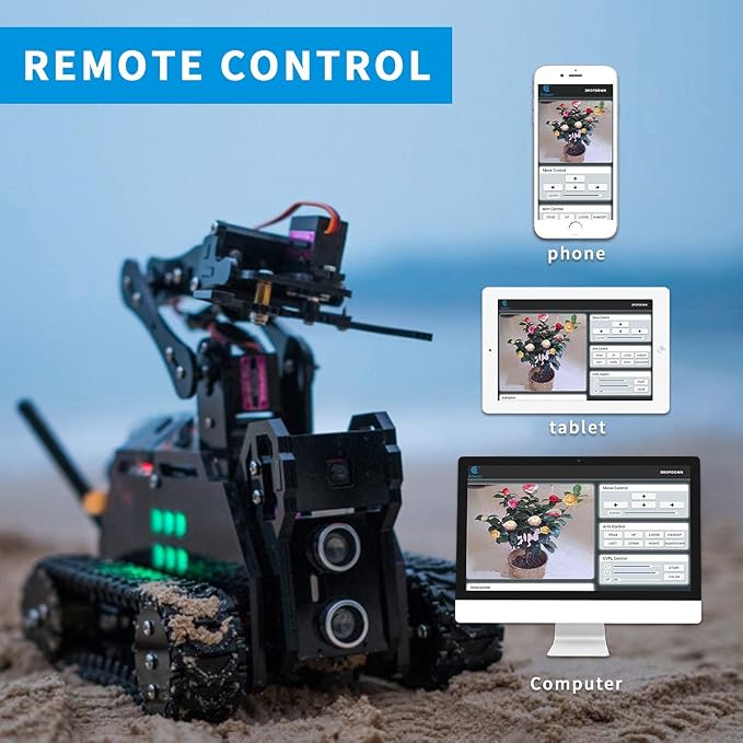 DIY Robot Model Kit for Raspberry Pi 4/3 Model B+/B WiFi Wireless Smart Robot Car Kit with 4-DOF Robotic Arm/OpenCV Target Tracking/Video Transmission Rasptank Robotic Kit with PDF