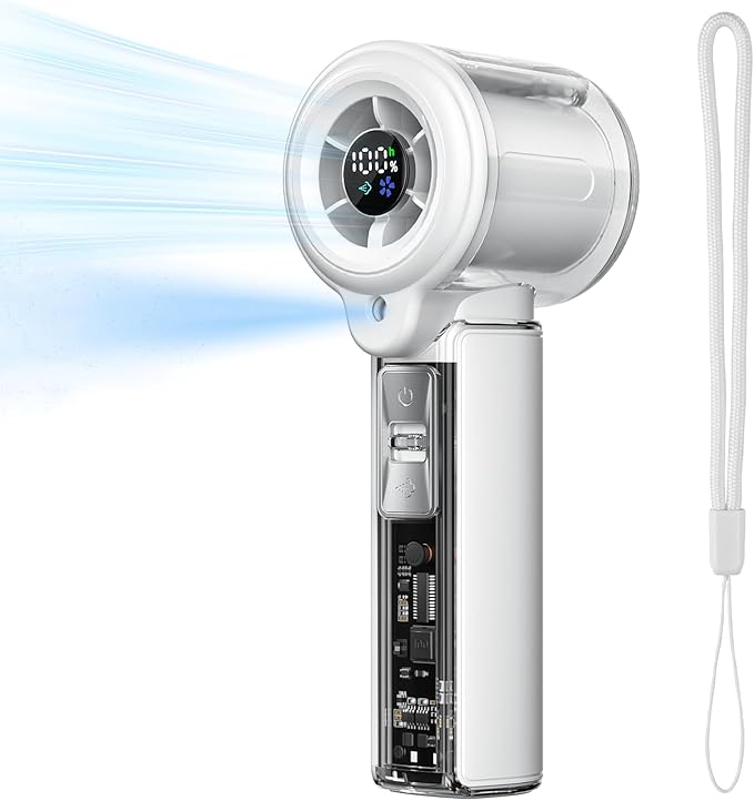 COKUNST Handheld Fan with Mist Spray & 1-100 Speed, Toggle Button & LED Digital Display, 3000mAh USB Rechargeable, 16000 RPM Turbo Mini Fan for Travel Outdoor Camping Makeup Home Office – White
