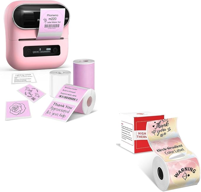 Phomemo M220 Label Maker & 1 Roll Rainbow Gradient Circle Thermal Label, 1.96" x 1.96"（50x50 mm）, Portable Sticker Label Maker Machine for Mailing, Storage, Address, Clothing, Home, Office