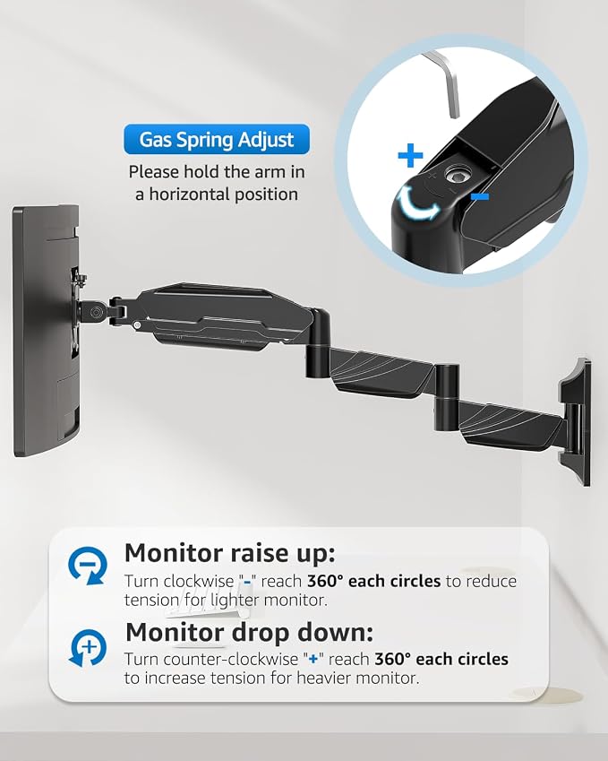 Long Arm Monitor Wall Mount for Max 32 inch Computer Screen, Extra Long Adjustable Single Wall Mount Monitor Arm, Full Motion Vesa Wall Bracket 100x100, Hold up to 17.6lbs, Black