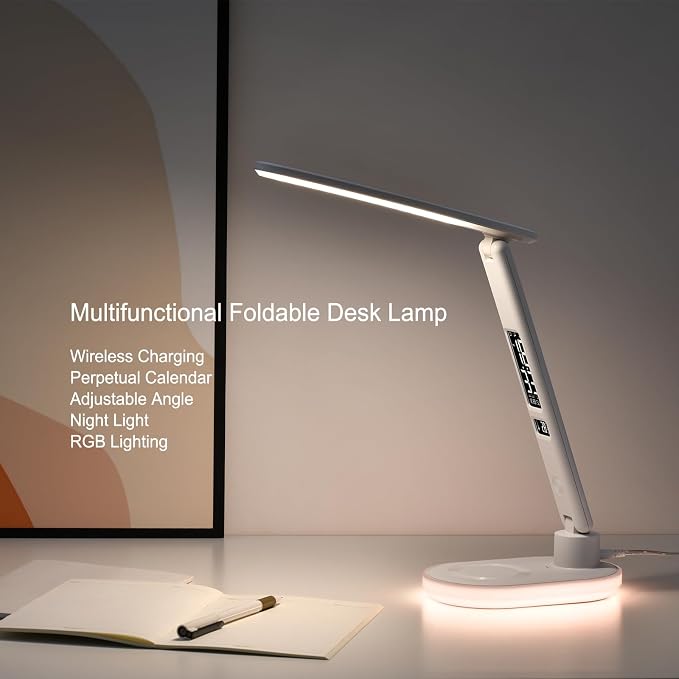 Multi Functional Table Lamp,Multifunctional Foldable Desk Lamp with Wireless Charging, Perpetual Calendar Display, Adjustable Angle, Night Light, and RGB Lighting,U20 White.