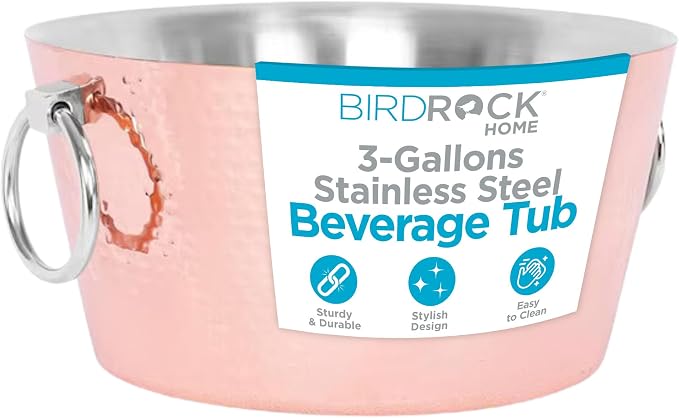 BIRDROCK HOME Hammered Stainless Steel Copper Beverage Tub with Handles - Double Wall Insulated 3 Gallons - Metal Drink Cooler & Ice Bucket for Parties - Outdoor Aluminum Holder for Bottles & Soda