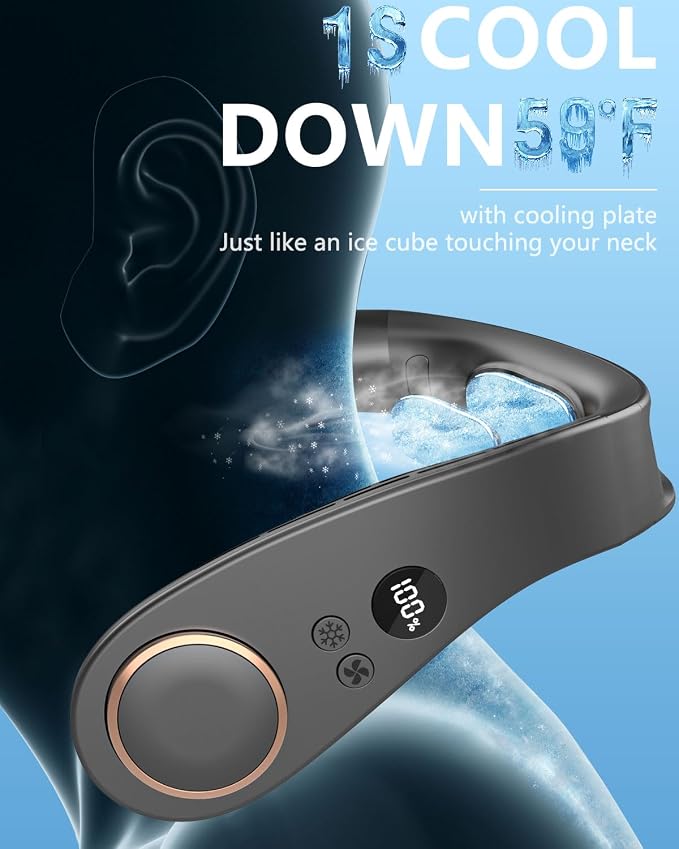 Neck Fans that Blows Cold Air with Cooling Plate, USB-C Rechargeable 5500mAh 3-15H long life, Portable Quiet AC with LED Display, Bladeless Personal Neck Cooler for Kids Adults Outdoor Travel, Black