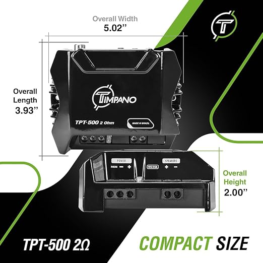 TIMPANO TPT-500 2 Ohms Compact 1 Channel TPT500 2 Ohms Car Audio Amplifier – 1x 500 Watts at 2 Ohms – Mini Stereo 12 Volts Full Range Class D Amp