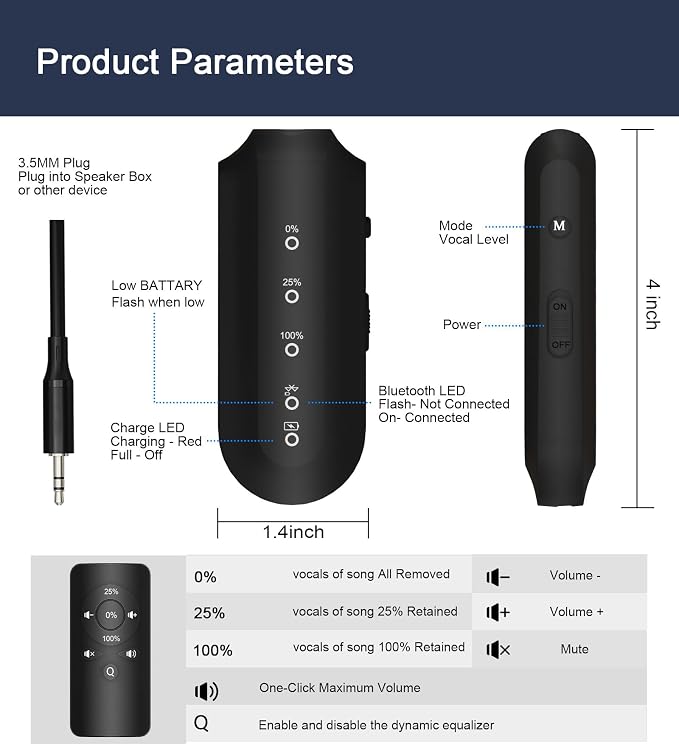 Portable Vocal Remover, AI Intelligent Real-Time Voice Elimination for Karaoke Machines,Bluetooth-Enabled Receiver Compatible with Any 3.5mm Speaker