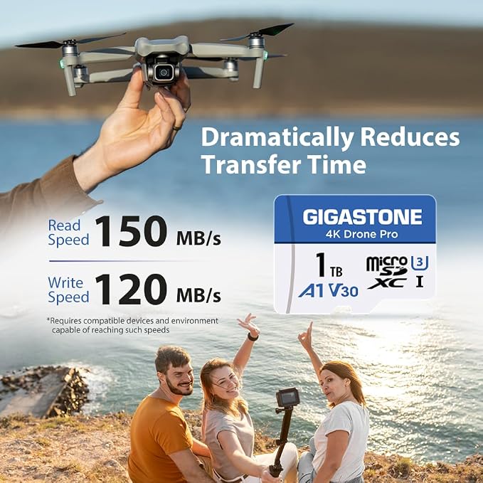 【Designed for Drone】 GIGASTONE 1TB Micro SD Card, 4K Drone Pro, MicroSDXC Memory Card for Security Camera, DJI Drone or Action Camera, 4K Video Recording, UHS-I U3 A1 V30, 150MB/s, with Adapter.