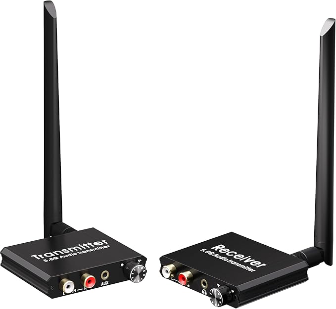 5.8GHz Wireless RCA Audio Transmitter Receiver for TV Pojector,164Ft,9ms Latency, Volume Contral Knob, Used for TV Pojector to Activer Speaker Soundbar AMP