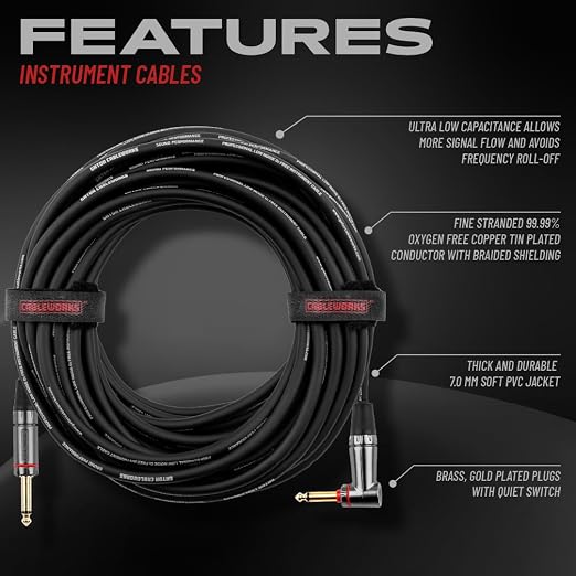Cableworks By Gator Cases Headliner Series Premium 10 Ft Straight to Right Angle Guitar Instrument Cable with Quiet Switch Technology (GCWH-INS-10RAQT)