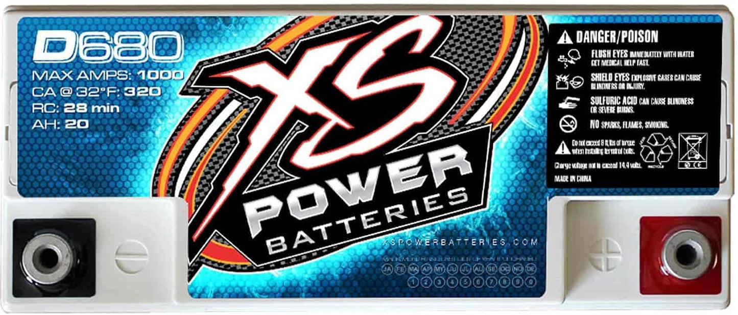 XS Power D680 1000 Amp AGM Battery with M6 Terminal Hardware - 12 Volt 20Ah 370CA Deep Cycle AGM Battery for Car Audio Stereo Systems - 13.69 lbs, Maintenance Free, Sealed Powercell