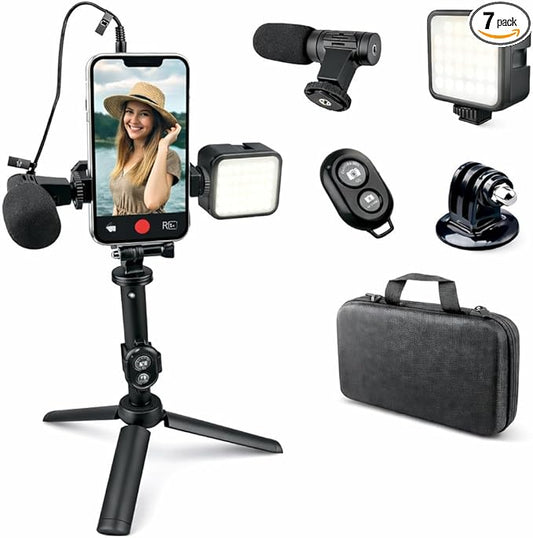 Vlogging Kit for iPhone/Android with LED Light, Shotgun Mic & Tripod – Phone Video Recording Starter Kit with Bluetooth Remote & Carry Case for YouTube, TikTok & Content Creators