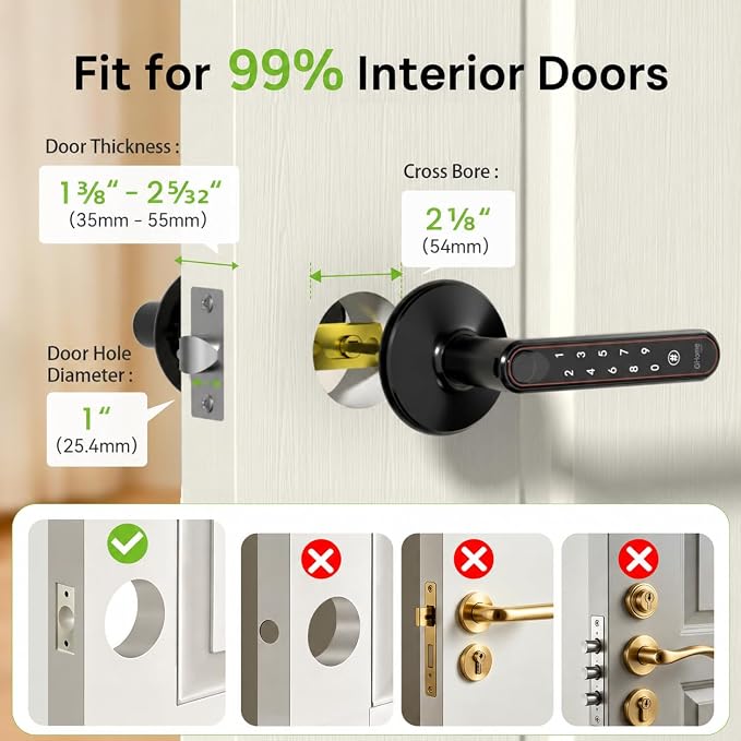 Ghome Smart Fingerprint Door Knob with Lock, 5-in-1 Keyless Entry Door Lock with Handle, App Control, Passcode & Key, Fingerprint Door Lock for Bedroom, Biometric Smart Lock for Apartment & Home