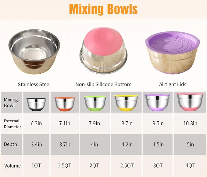 600W Electric Hand Mixer with 6 Piece Mixing Bowls | Mixer Electric Handheld Stainless Steel Metal Nesting Bowls Set for Kitchen Cooking Baking
