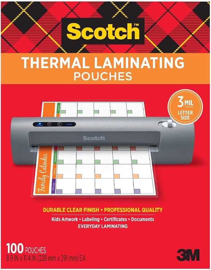 Scotch Thermal Laminating Pouches, for Use with Thermal Laminators, 8.9 x 11.4 Inches, Letter Size Sheets, 100-Count (Pack of 6)