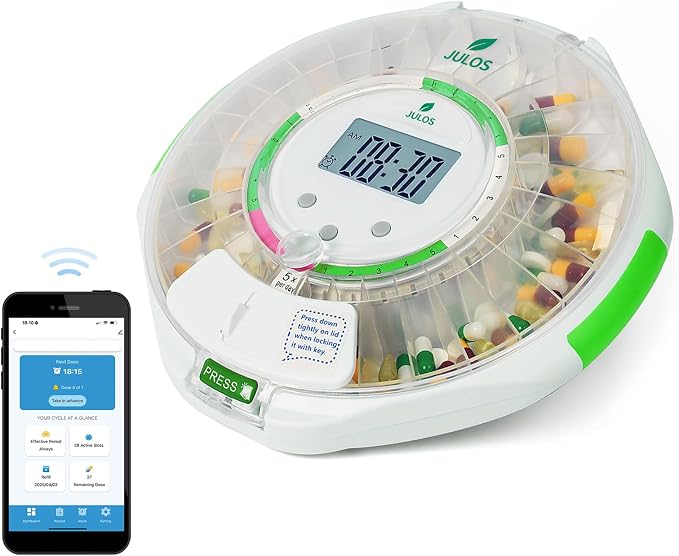 WiFi Automatic Pill Dispenser with Remote App Monitoring for Elderly - Up to 9 Alarms/Day, Locked 28-Day Medication Organizer with Sound Light Reminders for Vitamins, Prescriptions, Supplements