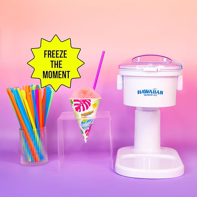 Hawaiian Shaved Ice S700 Kid-Friendly Snow Cone Machine Kit with 3-16oz. Syrup Flavors: Cherry, Grape, and Blue Raspberry, Plus 25 Snow Cone Cups, 25 Spoon Straws, and 3 Black Bottle Pourers