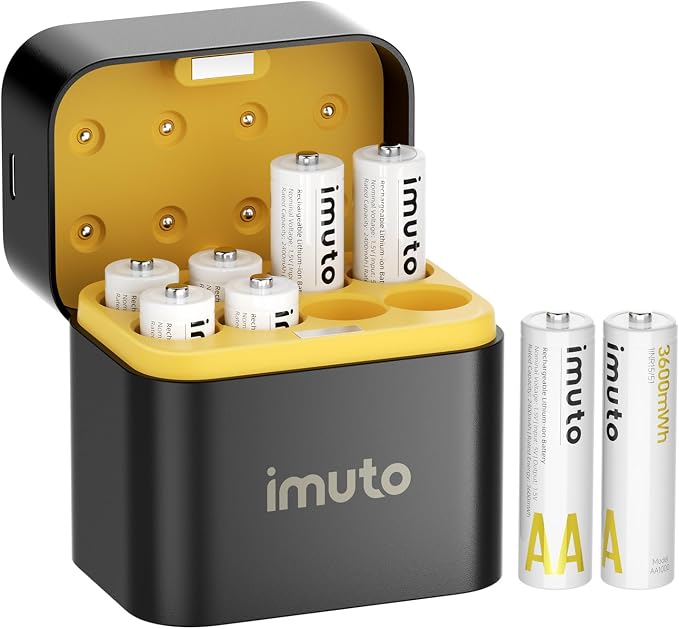 imuto Rechargeable AA Batteries with Charger, 8 Pack 3600mWh aa Lithium Batteries, 8 Slot Storage Case, 1.5V 2A Output, 2500+ Cycles Life, 3H Fast Charging for Smart Lock, Xbox, Blink Camera