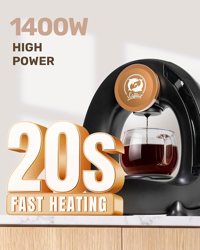 i Cafilas 2-in-1 Coffee Maker, Fast Brew in 1.5mins, Single Serve Coffee Machine Compatible with K-Cup Pods & Ground Coffee, 1400W with 20s Preheat, Compact for Home,Small Place,Office & RV, 8oz,Black