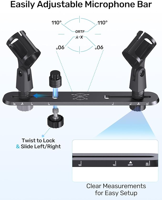 Stereo Array Spacing Mic Bar Mount, Aluminum Dual Microphone Holder with Ruled Markings & Adjustable Positioning, Fits 5/8", 3/8" & 1/4" Stands, Ideal for XY/ORTF Recording, Studio, Podcasting
