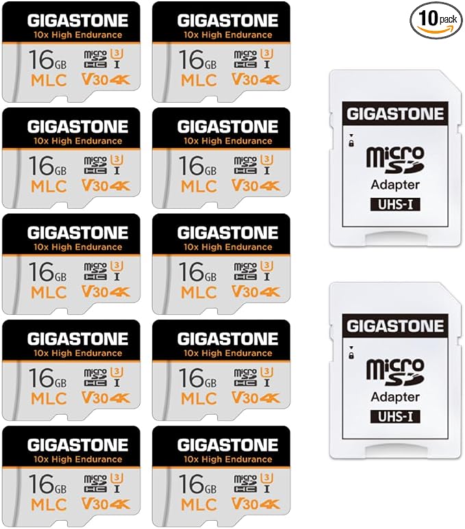 [10x High Endurance] GIGASTONE Industrial 16GB MLC Micro SD Card 10-Pack, 4K Video Recording, Security Cam, Dash Cam, Surveillance Compatible 95MB/s, U3 C10, with Adapter [5-Yrs Free Data Recovery]