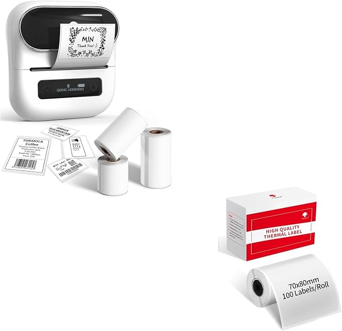 Phomemo M220 Label Maker & 4 Roll Label, 3.14 Inch Bluetooth Thermal Label Printer for Barcode, Address, Labeling, Mailing, File Folder Label, Easy to Use, Support Smartphone, Tablet&PC