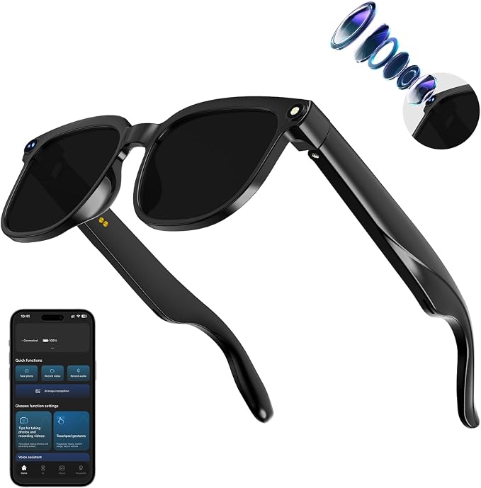 AI Smart Glasses with Camera,8MP Camera Glasses,1080P Anti-Shake Video Recording, Real Time Translation,AI Voice Assistant,Object Recognition,Bluetooth Sunglasses for Men Women(Black Lenses)