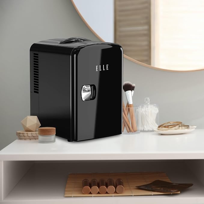 ELLE Multi Purpose 4L Mini Fridge Cooler and Warmer with Cool and Warm Function Removable Shelf Carrying Handle AC DC Power Options for Car Office Bedroom 6 Can Capacity Black