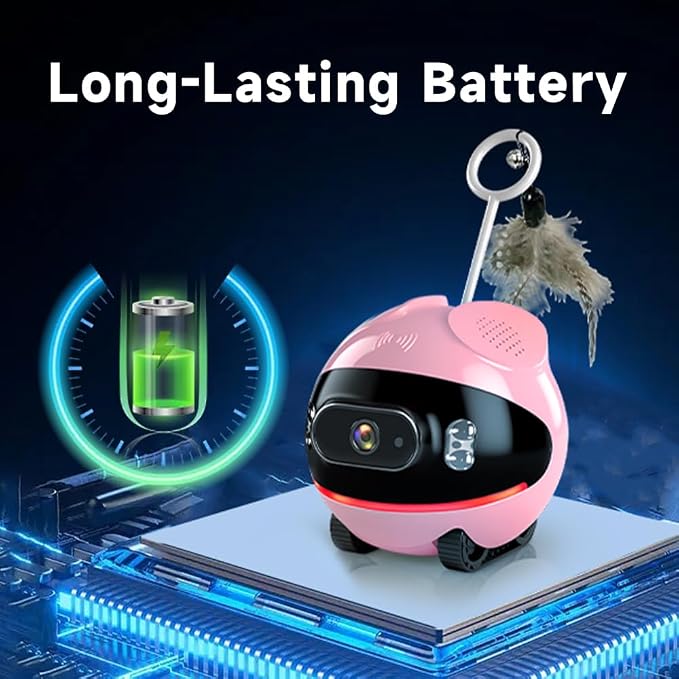 Pet Camera Robot with Cat Teaser: Battery-Operated, Movable with Phone App, 2-Way Talk, Video/Photo, Night Vision (Pink)