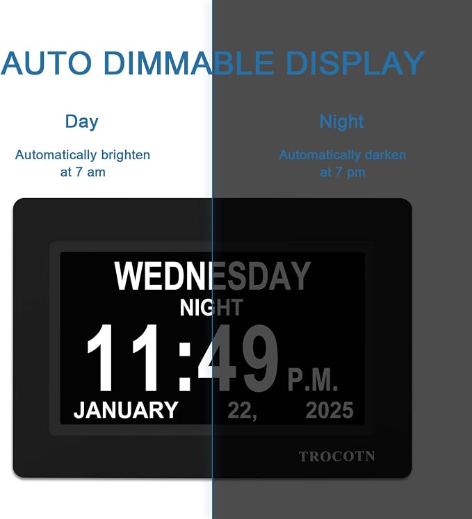TROCOTN Dementia Clocks, Large Display Calendar Alarm Clock with Auto DST for Seniors, 5 Display Modes Large Font Digital Clock with Custom Alarms Day Date Clocks. (7 Inch Black)