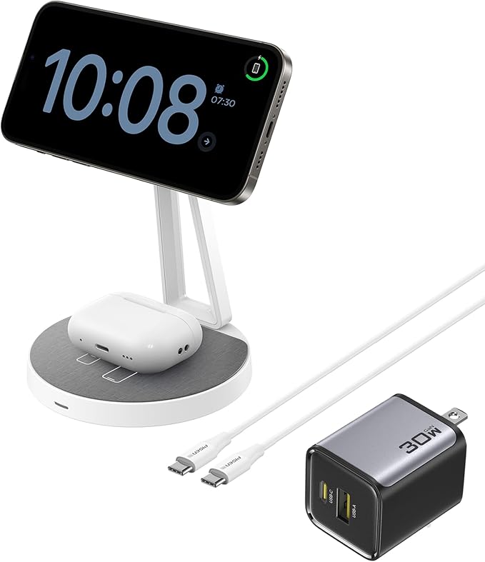 PISEN 2-in-1 Mag-Safe Charger Stand - Wireless Charger Charging Station for Multiple Devices & 30W USB C Charger - 30 Watt Dual Port PD QC 3.0 GaN Charging Block, 30W USB C Wall Charger, 2-Port 30 Wat