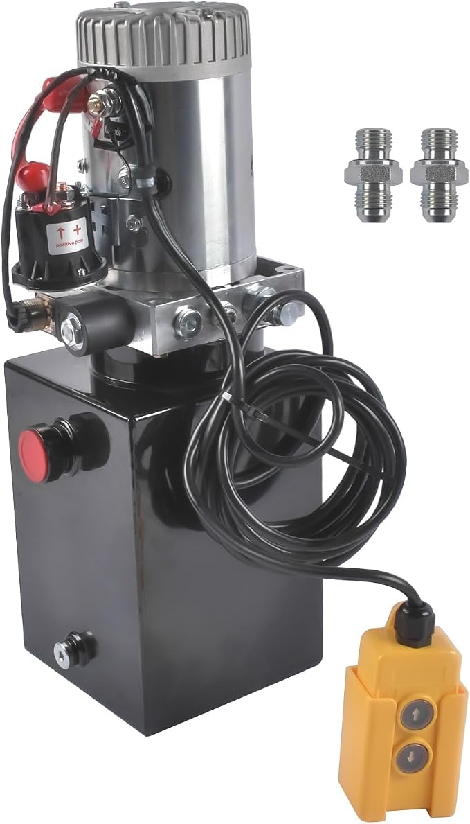 6 Quart Metal Reservoir, Single Acting, 12V DC Steel Hydraulic Pump Power Unit, 2 GPM Flow Rate, 3200 PSI Max Pressure, SAE #6 Ports for Dump Trailers, Car Lifts, DIY Hydraulic Systems